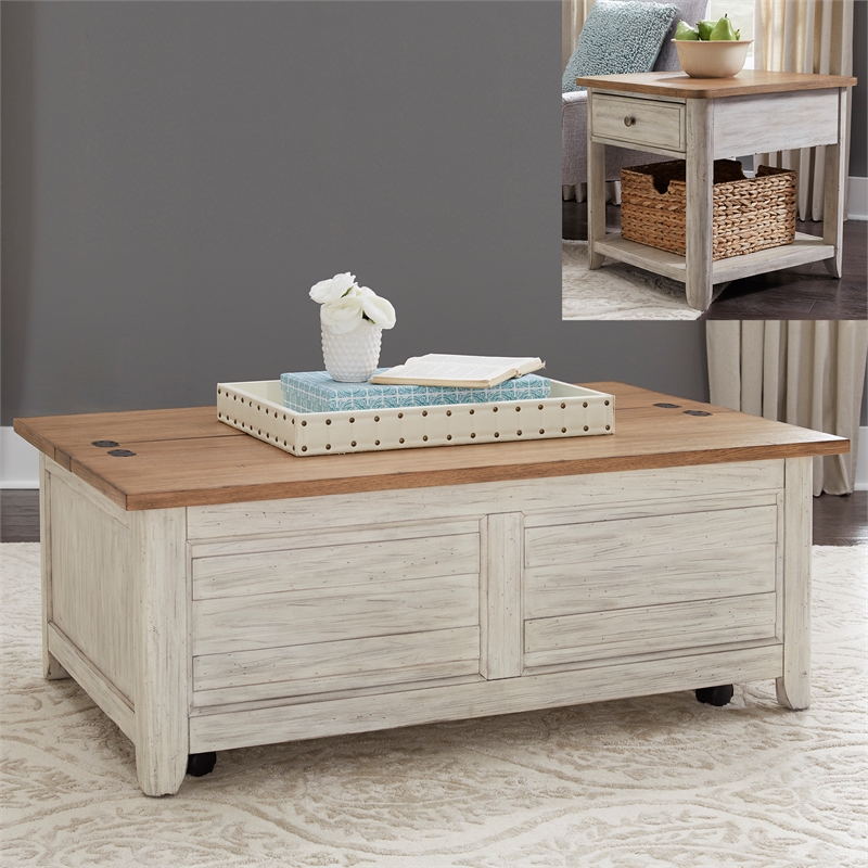 Pemberly Row 3-Piece Cottage Style Set in Antique White & Chestnut Finish