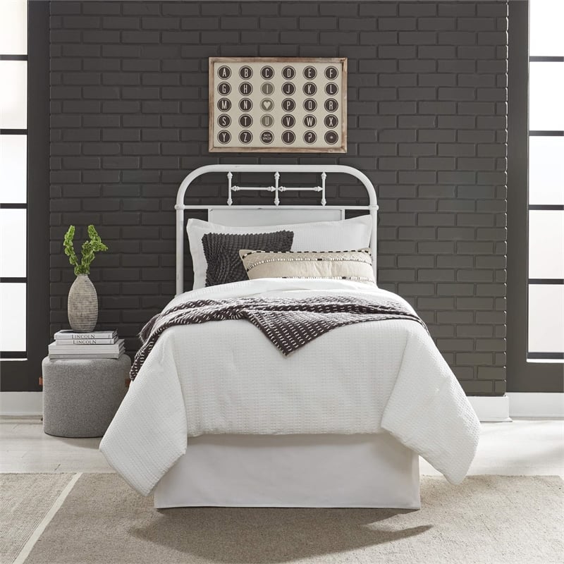 Pemberly Row Vintage Series King Metal Headboard in Antique White