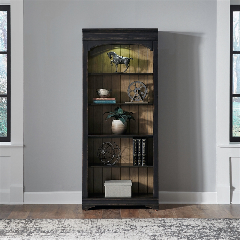 Pemberly Row Bunching Bookcase with Touch LED Lighting in Aged Charcoal
