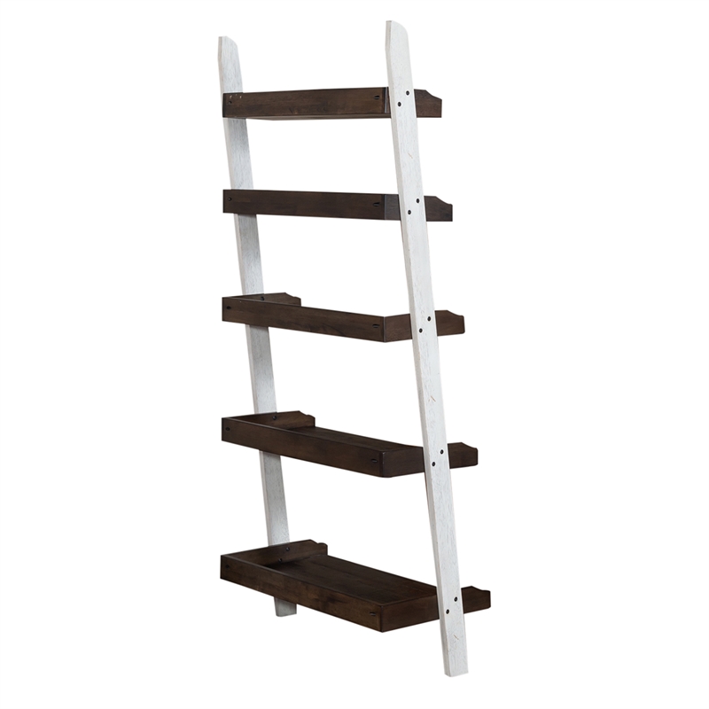 Pemberly Row White Leaning Bookcase with 5 Graduated Shelves in Rubberwood
