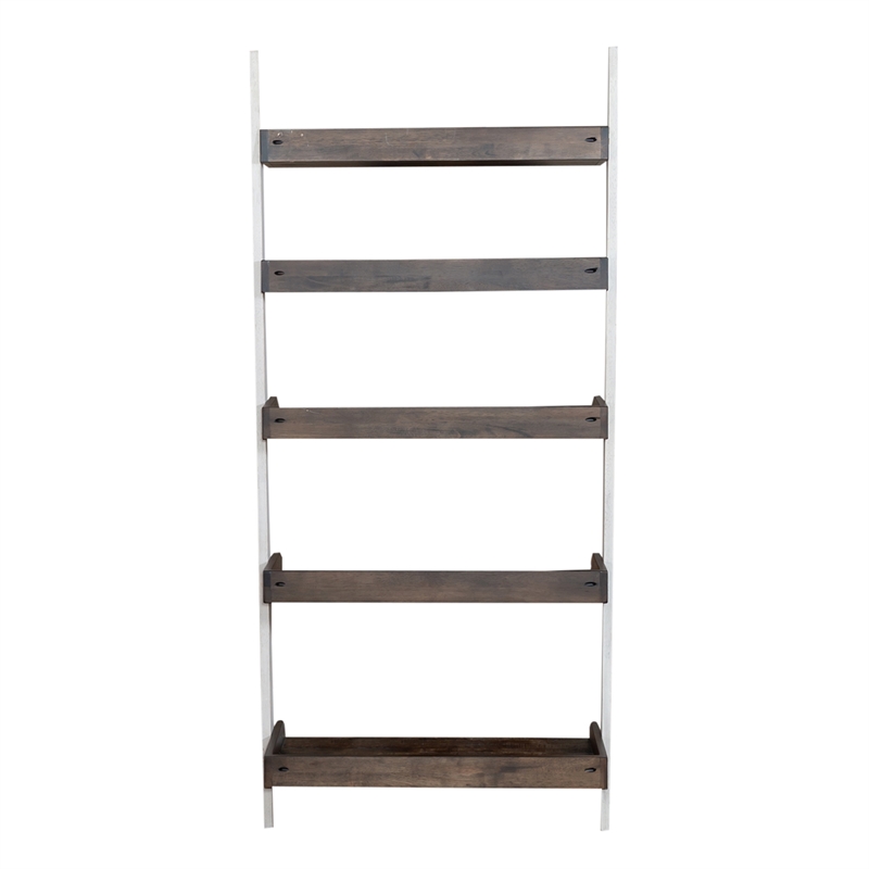 Pemberly Row White Leaning Bookcase with 5 Graduated Shelves in Rubberwood