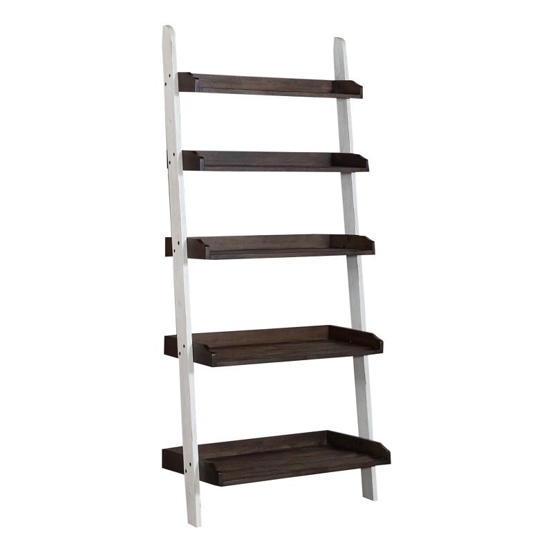 Pemberly Row White Leaning Bookcase with 5 Graduated Shelves in Rubberwood