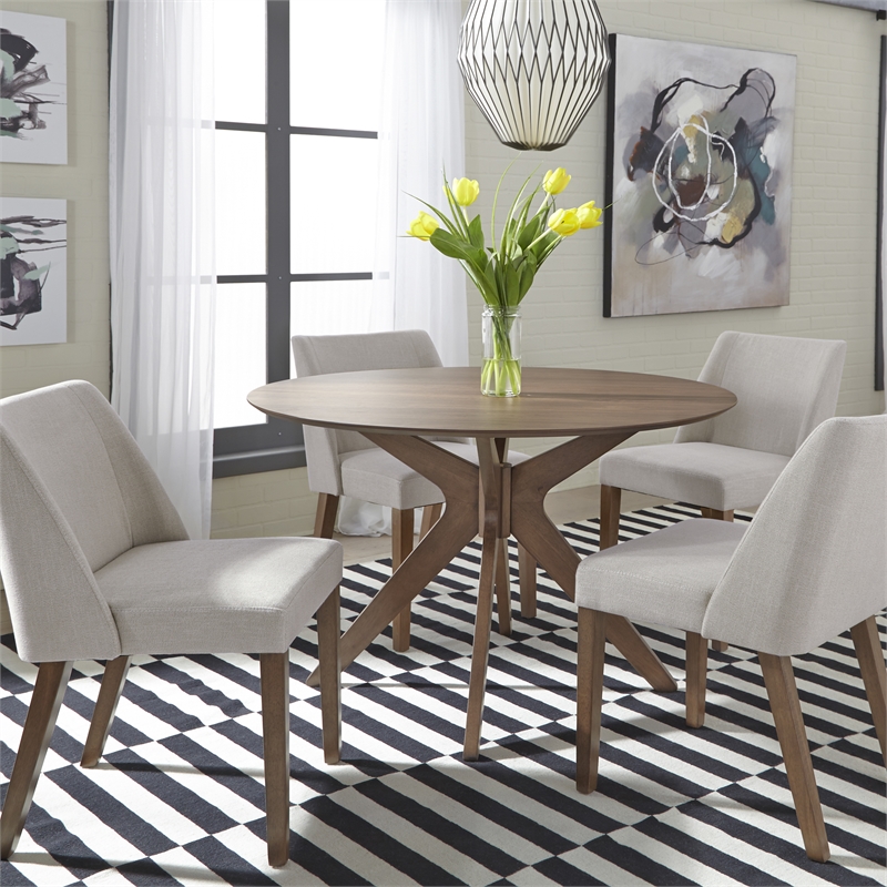 Pemberly Row Round Pedestal Dining Table in Brown with Tapered Legs