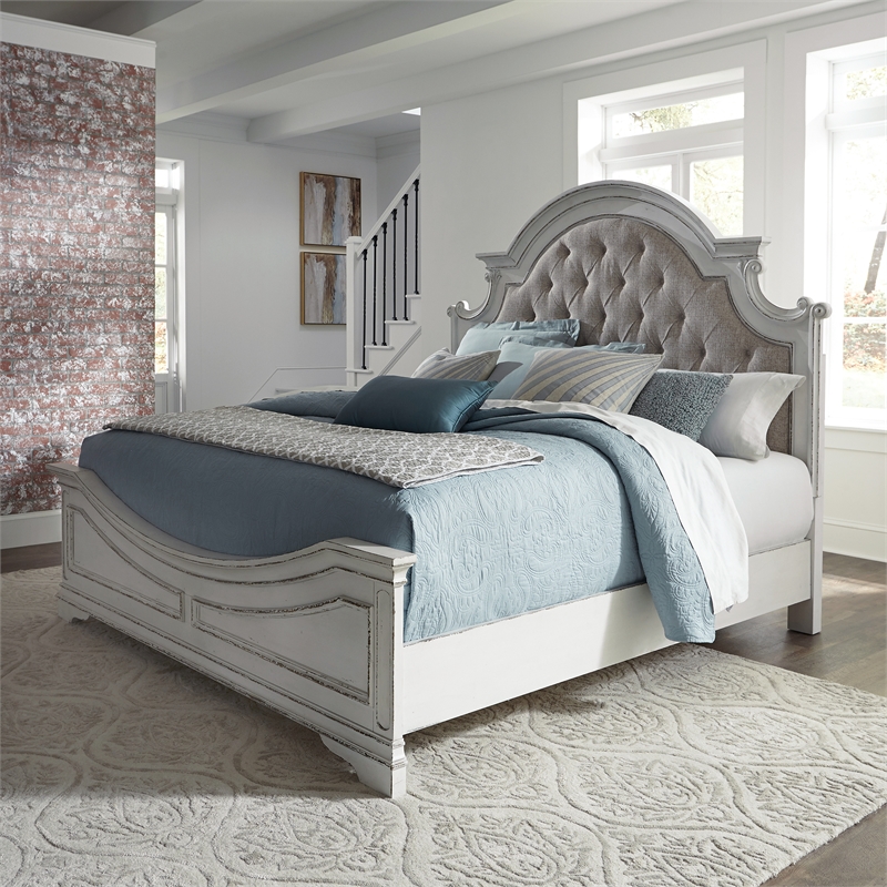 Pemberly Row White Queen Upholstered Bed with Tufted Chenille and Slats