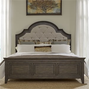 Pemberly Row Queen Upholstered Bed in Saddle Brown with Arched Crown