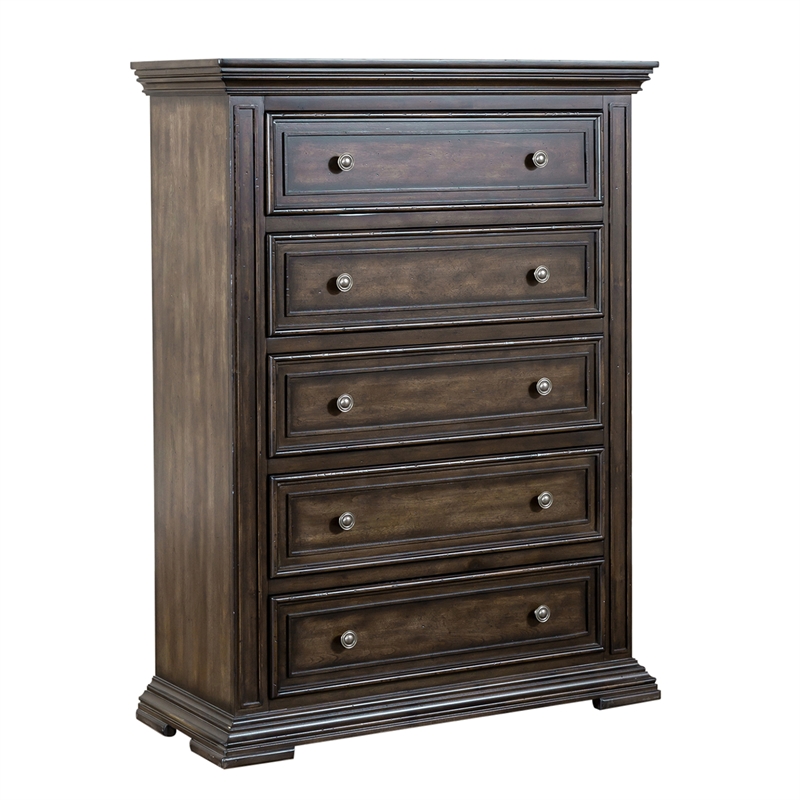 Pemberly Row Light Brown 5 Drawer Chest with Felt Lined Top Drawers