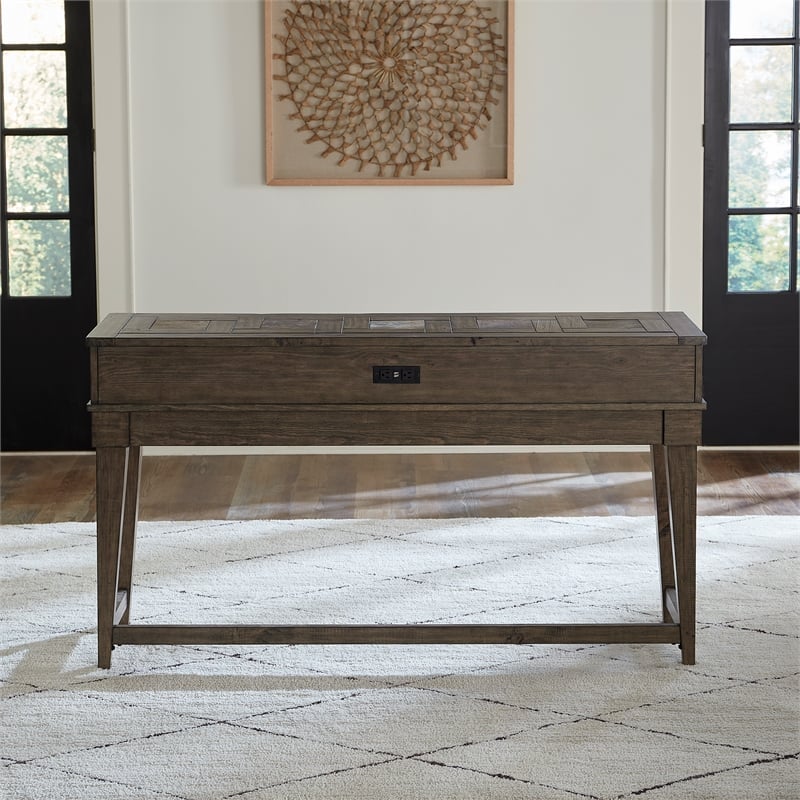 Pemberly Row Console Bar Table in Weathered Stone with Slate Inserts