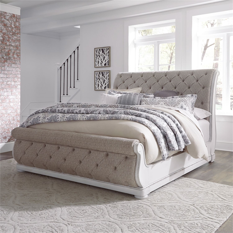 Pemberly Row King Upholstered Sleigh Bed in Antiqued White Chenille