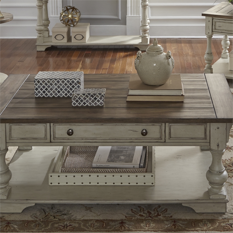 Pemberly Row White Cocktail Table with Turned Legs and Brushed Accents