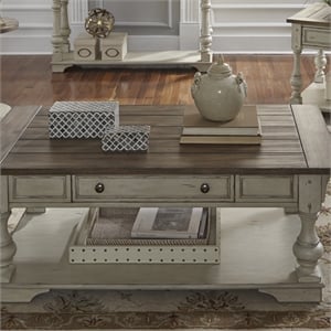 Pemberly Row White Cocktail Table with Turned Legs and Brushed Accents