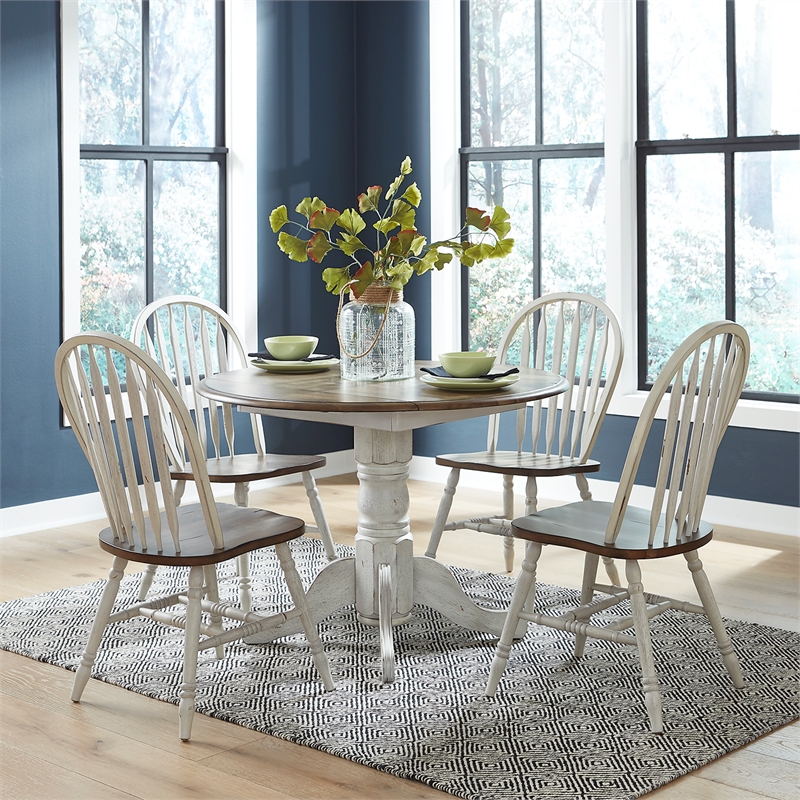 Pemberly Row 5-Piece Wooden Drop Leaf Dining Set in White and Antique Honey