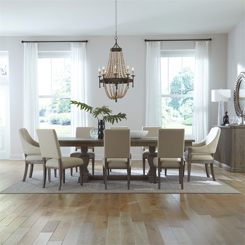 Pemberly Row 9 Piece Trestle Table Set with Double Pedestals in Havana Brown