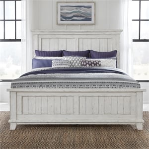 Pemberly Row Queen Panel Bed with Crown Molding in Riverstone White