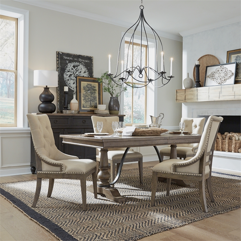 Pemberly Row 5 Piece Trestle Table Set with Tufted Rubberwood Chairs