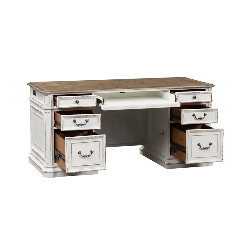 Pemberly Row 5-Piece Wood Desk Set with Hutch in Antiqued White