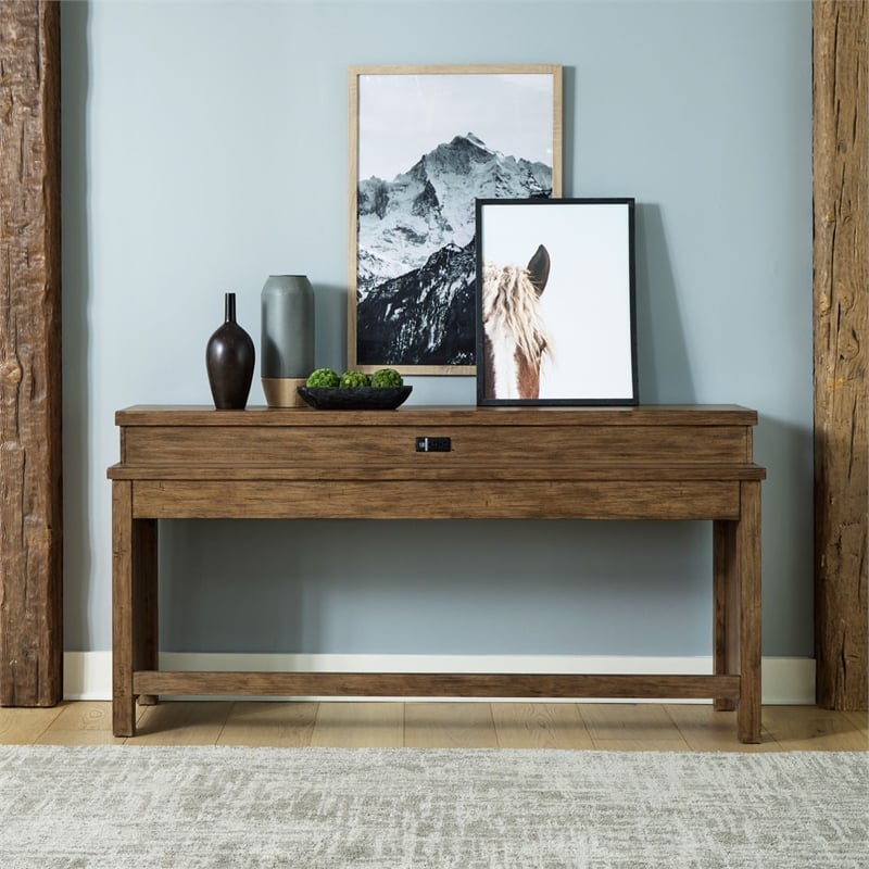 Pemberly Row Console Bar Table with Charging Station in Weathered Toffee