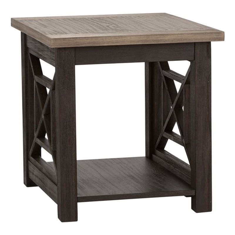 Pemberly Row Black End Table with Open Grid Panels and Two Tone Top