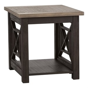 Pemberly Row Black End Table with Open Grid Panels and Two Tone Top