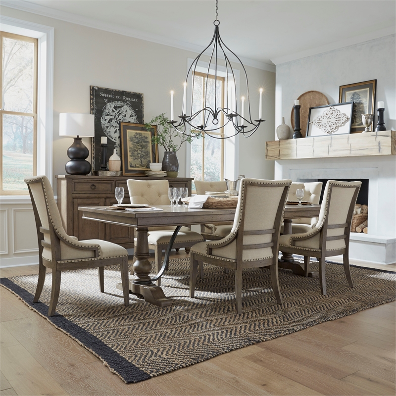 Pemberly Row 7 Piece Trestle Table Set with Tufted Back Chairs