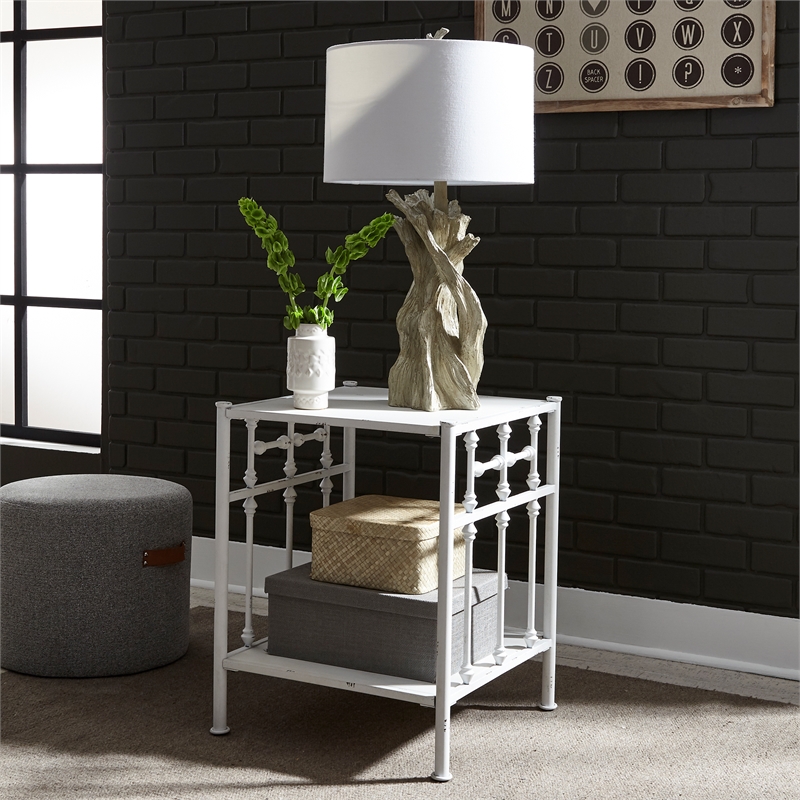 Pemberly Row Metal Open Night Stand in Antique White with Spindle Design