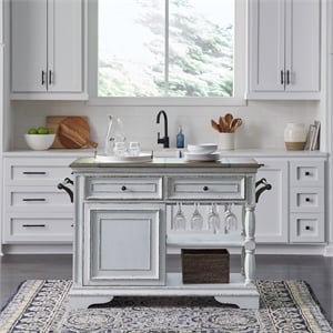 Pemberly Row White Bar Cart with Pewter Hardware and Adjustable Shelf