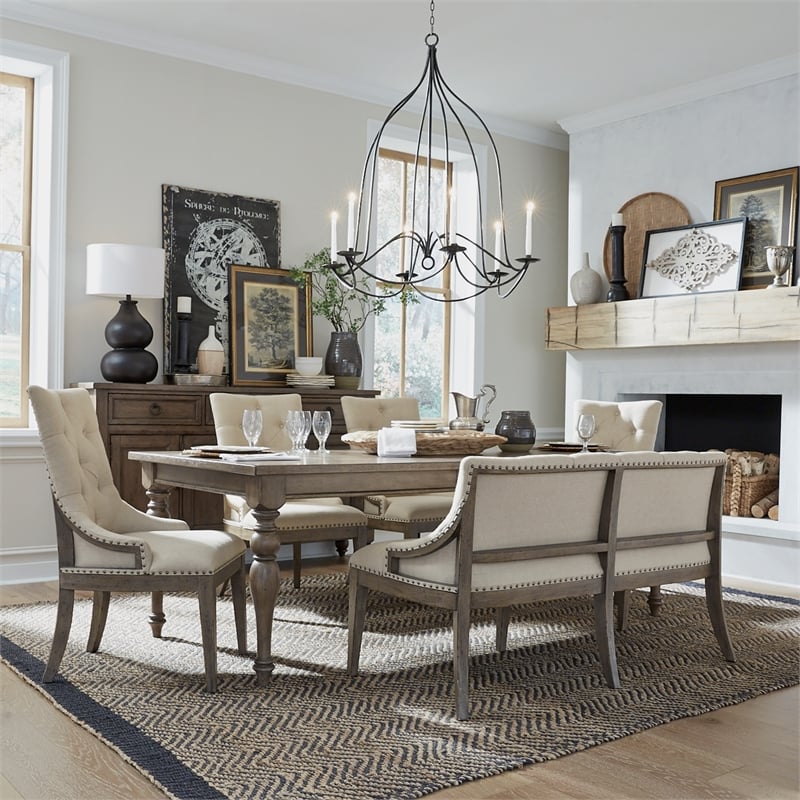 Pemberly Row 6 Piece Leg Table Set with Upholstered Chairs and Bench
