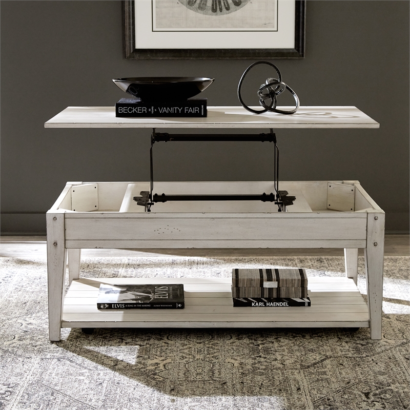 Pemberly Row Lift Top Cocktail Table with Storage in Weathered White