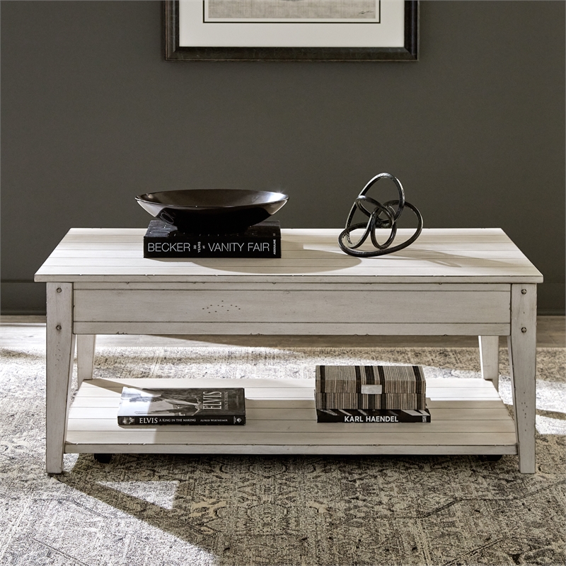 Pemberly Row Lift Top Cocktail Table with Storage in Weathered White