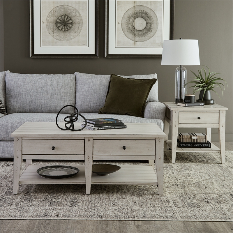 Pemberly Row 3 Piece Cocktail and End Table Set in Weathered White