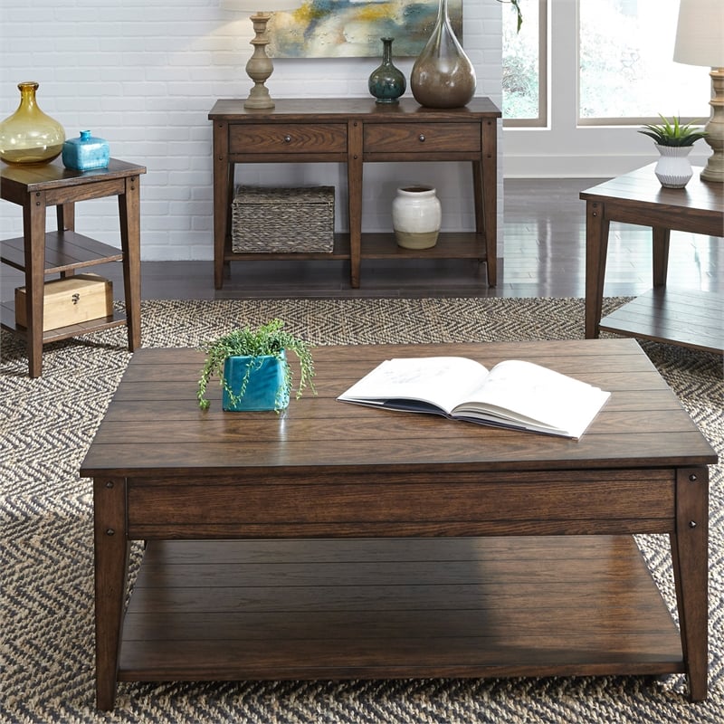 Pemberly Row Lift Top Cocktail Table with Storage Cubbies in Dark Brown