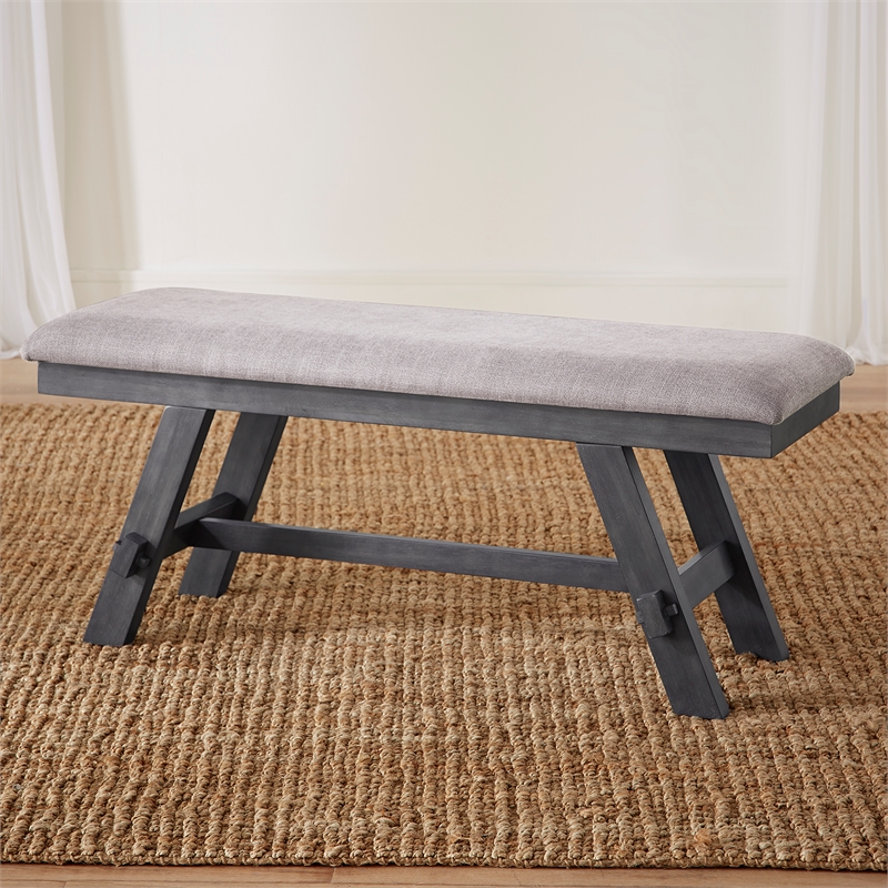 Pemberly Row Transitional Bench with Trestle Base and Center Shelf in Gray