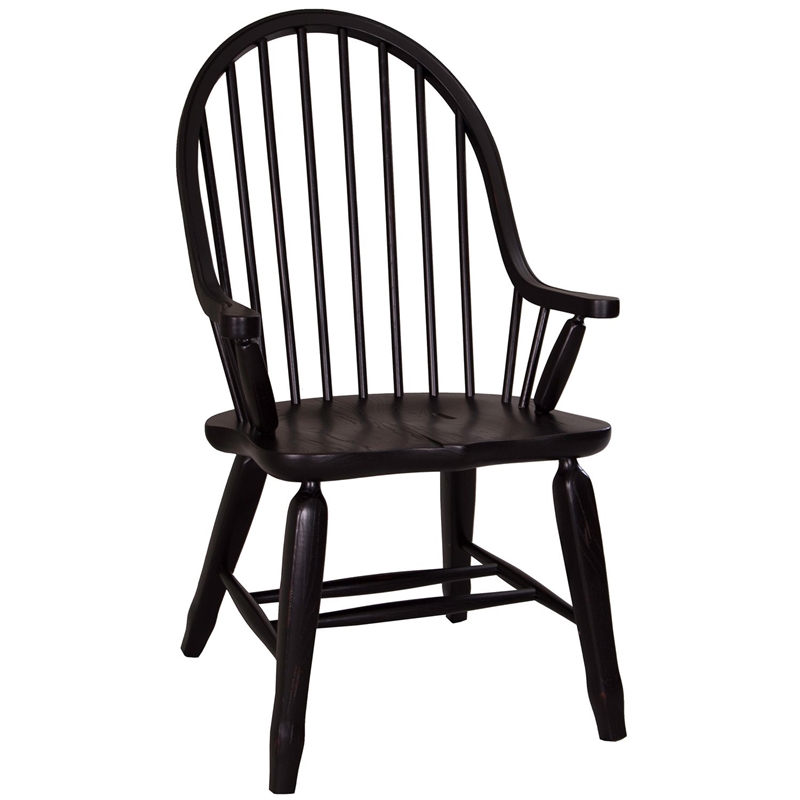 Pemberly Row Bow Back Solid Wood Dining Arm Chair in Rustic Black