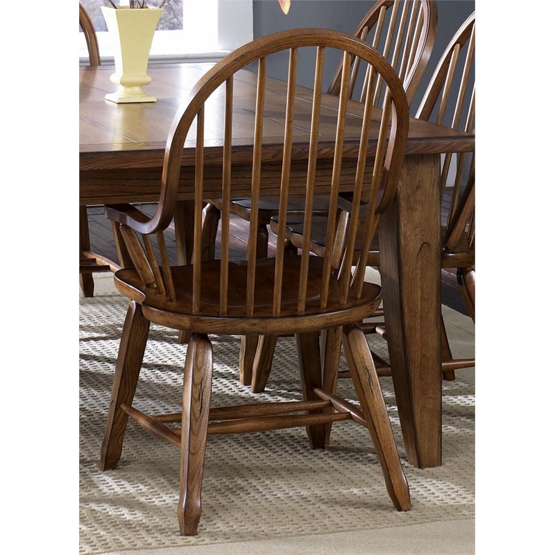 Pemberly Row Bow Back Solid Wood Dining Arm Chair in Rustic Oak