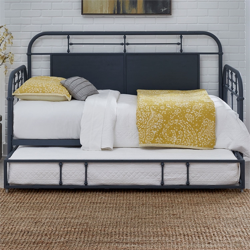 Pemberly Row Youth Bedroom Twin Trundle with Turned Spindles in Navy