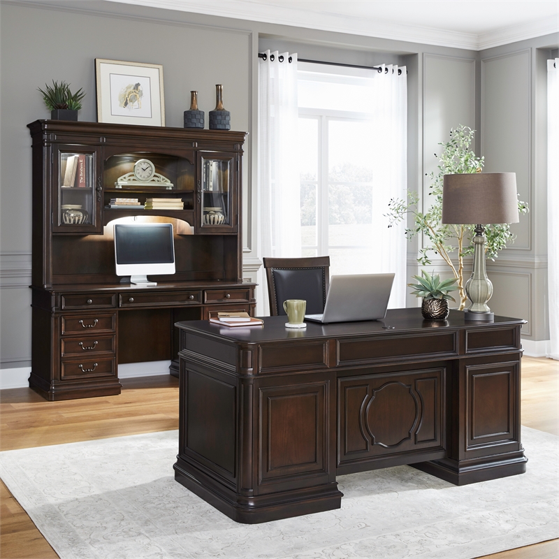 Pemberly Row 3 Piece Home Office Desk Credenza and Hutch in Cognac