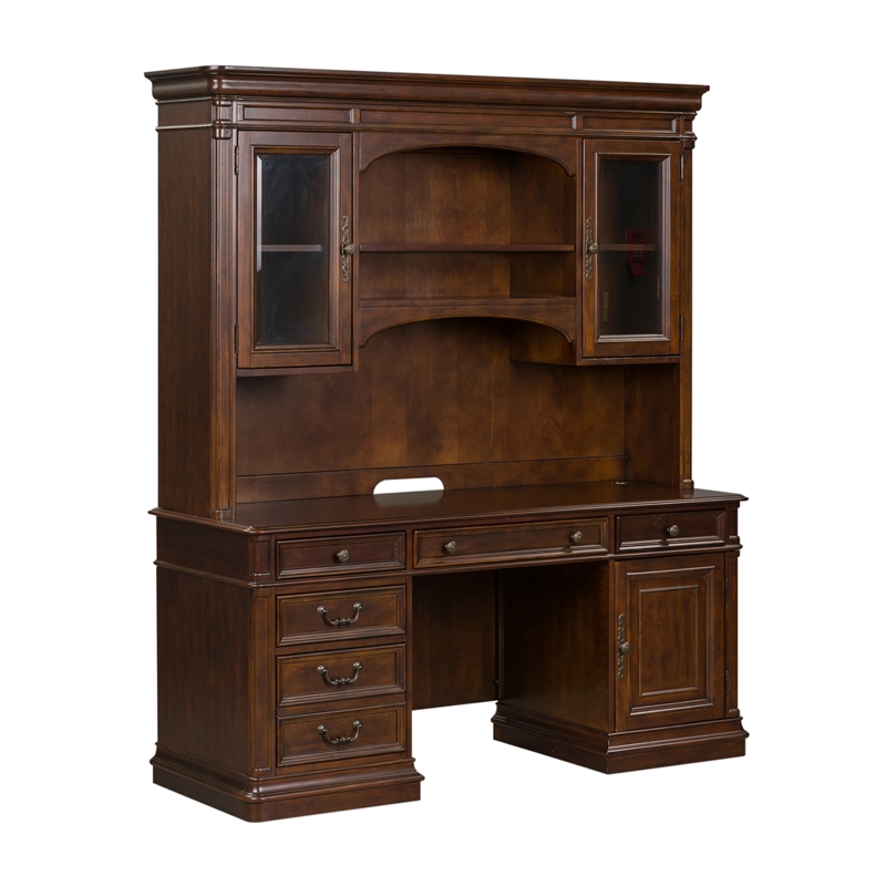 Pemberly Row 3 Piece Home Office Desk Credenza and Hutch in Cognac