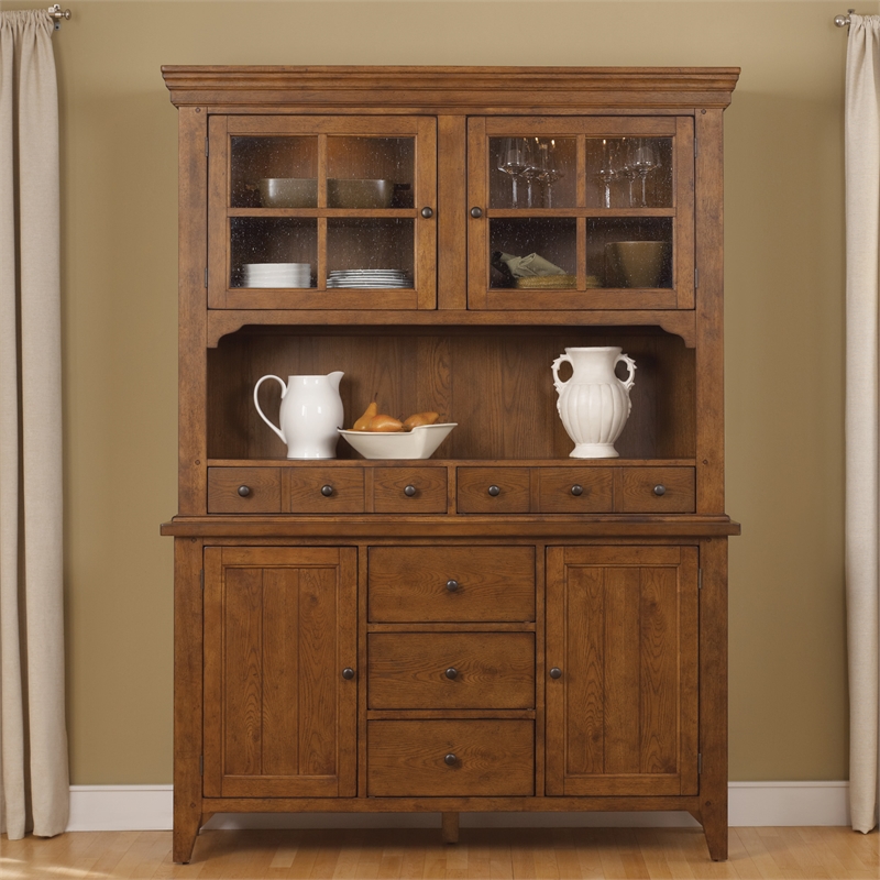 Pemberly Row Rustic Oak Hutch and Buffet Set with Slate Accents