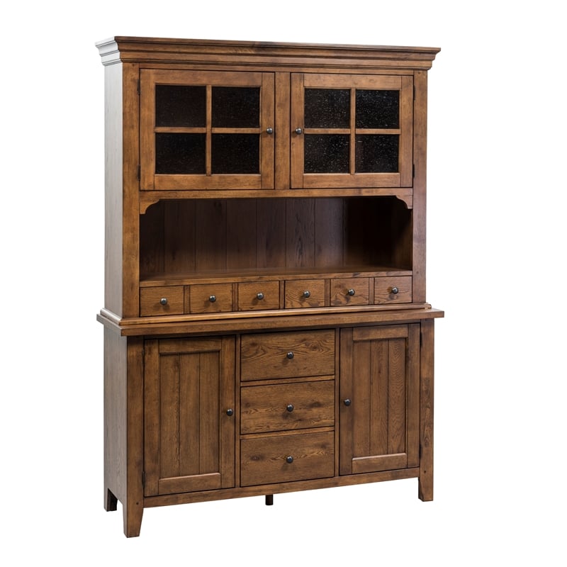 Pemberly Row Rustic Oak Hutch and Buffet Set with Slate Accents