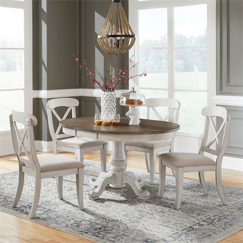 Pemberly Row 5 Piece Pedestal Table Dining Set with X Back Chairs in White