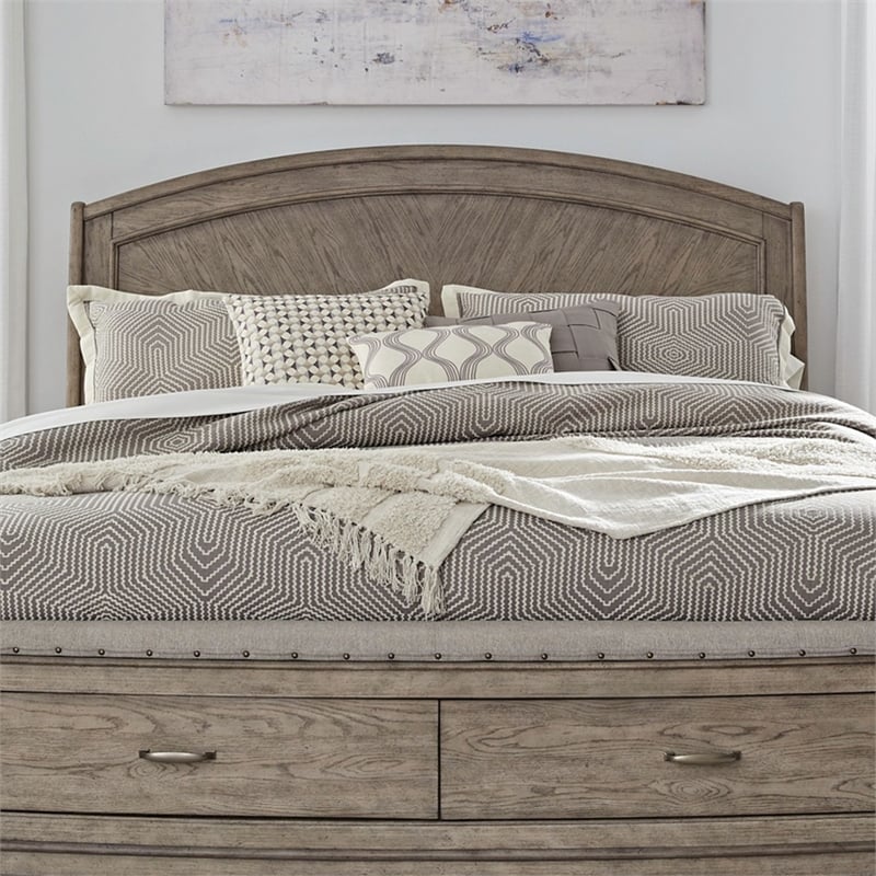 Pemberly Row King Panel Storage Bed with Dresser and Mirror in Burnished Beige