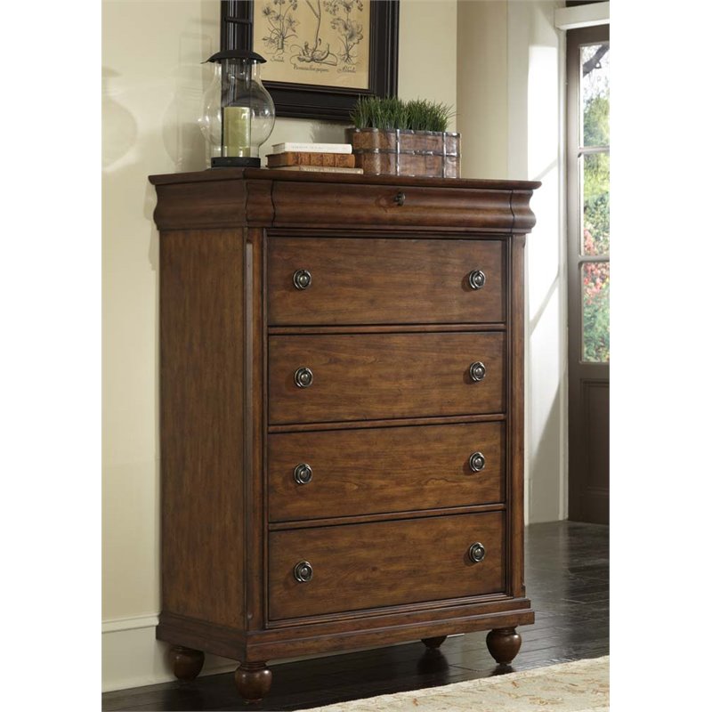 Pemberly Row 5 Drawer Chest with Louis Philippe Styling in Rustic Cherry