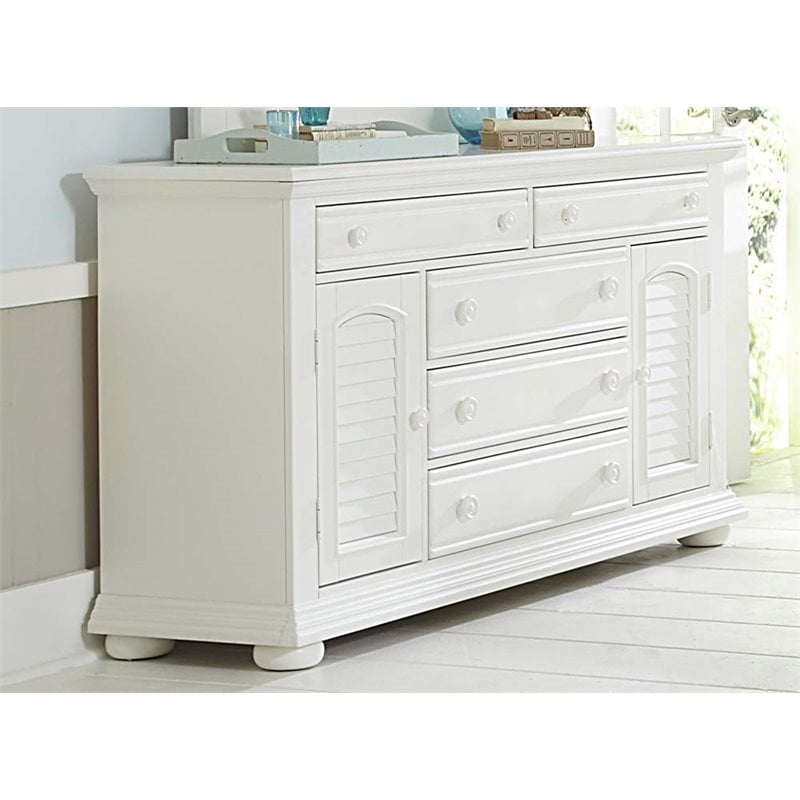 Pemberly Row 5 Drawer Dresser with 2 Louvered Doors in Oyster White