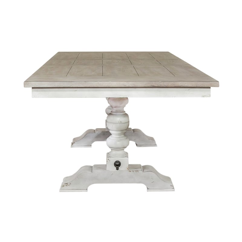 Pemberly Row 5 Piece Trestle Dining Set with Upholstered Chairs in Linen