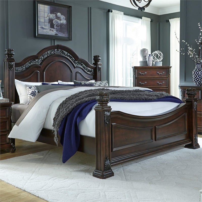 Pemberly Row King Poster Bed with Scrolled Metal Accents in Cognac