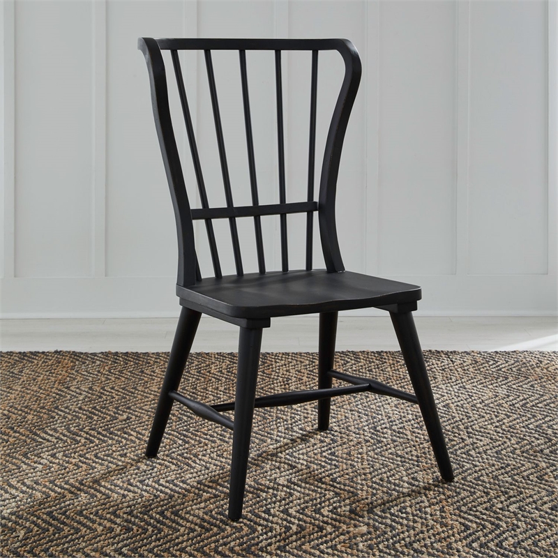Pemberly Row Wing Style Windsor Back Side Chair with Saddle Seat in Black