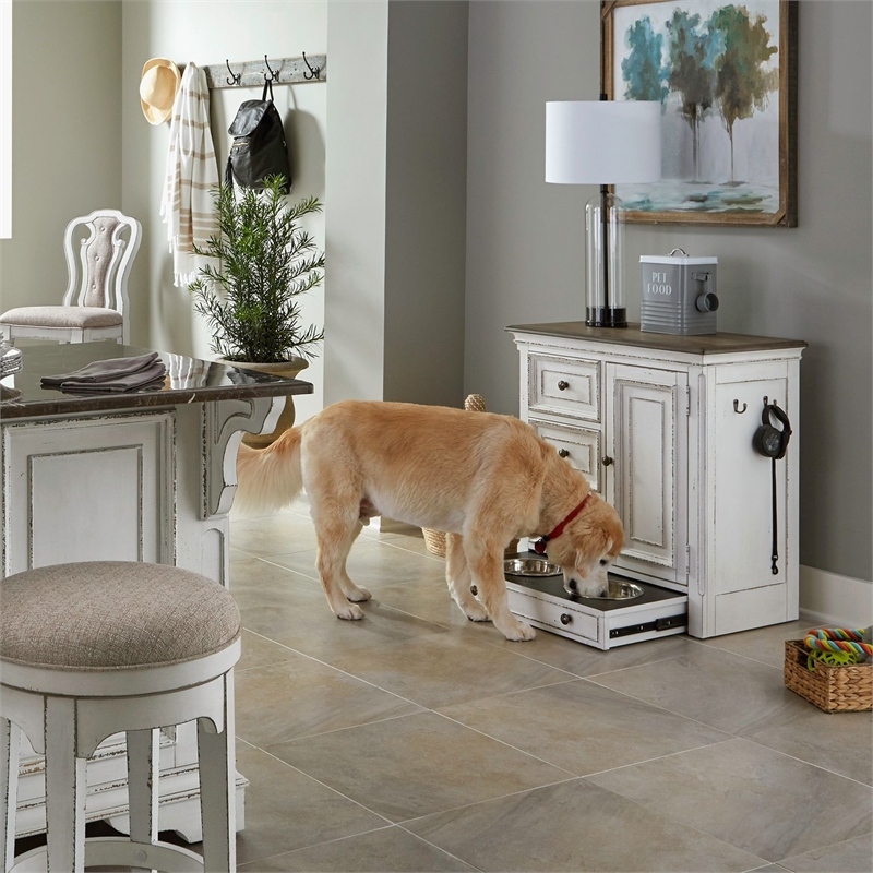 Pemberly Row Pet Feeder Cabinet with Drawers and Leash Hooks in White