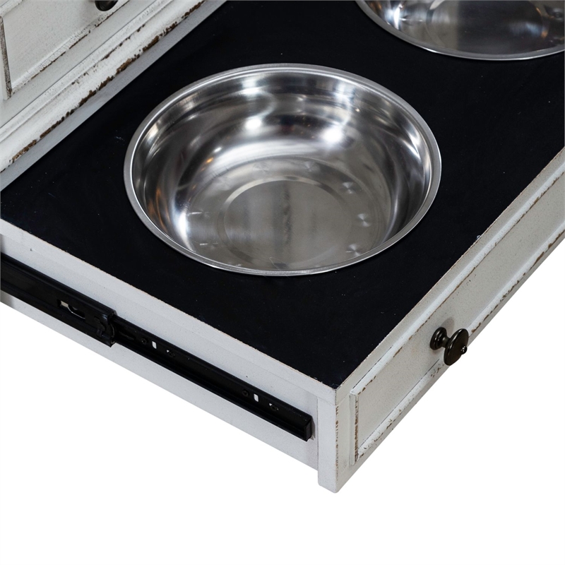 Pemberly Row Pet Feeder Cabinet with Drawers and Leash Hooks in White