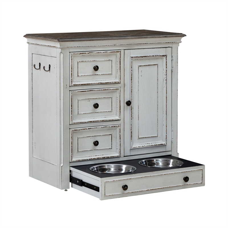 Pemberly Row Pet Feeder Cabinet with Drawers and Leash Hooks in White