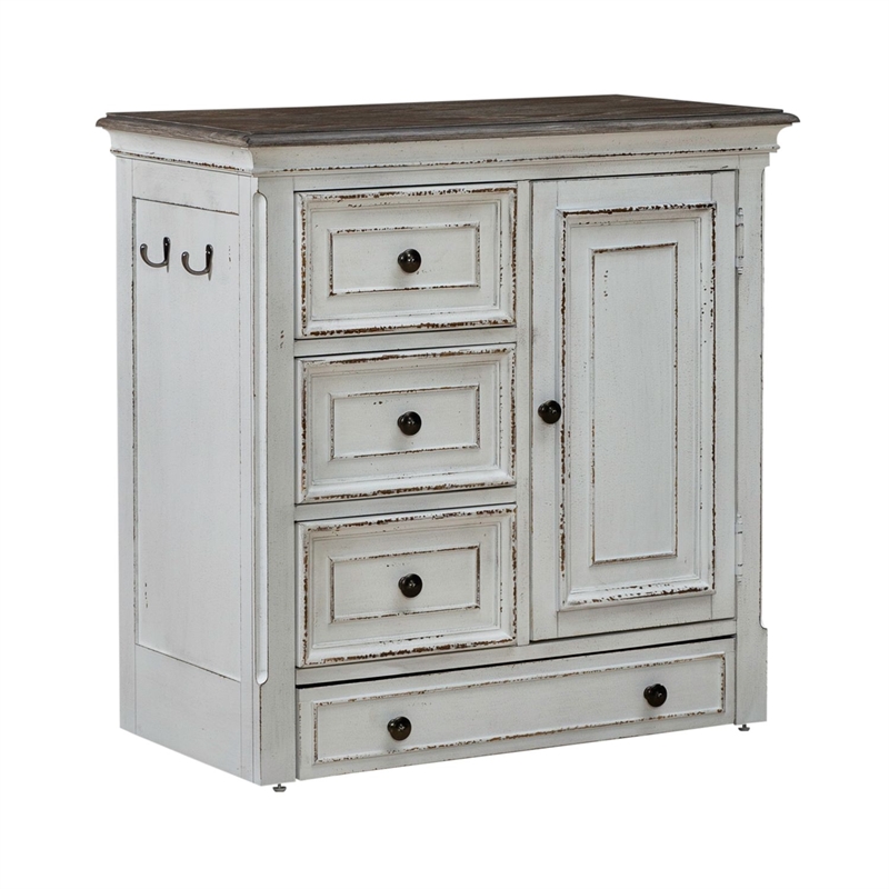 Pemberly Row Pet Feeder Cabinet with Drawers and Leash Hooks in White