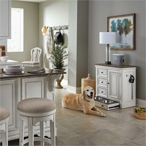 Pemberly Row Pet Feeder Cabinet with Drawers and Leash Hooks in White